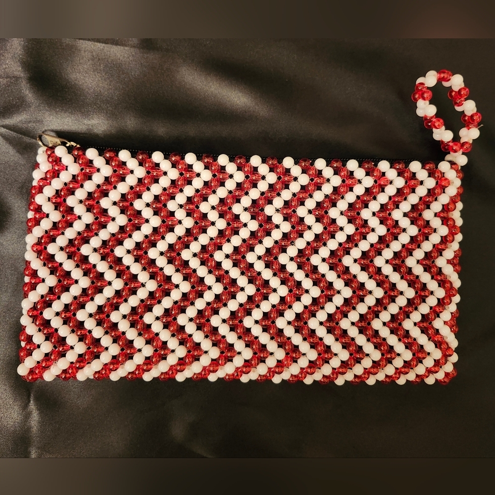 Red and White Beaded Clutch